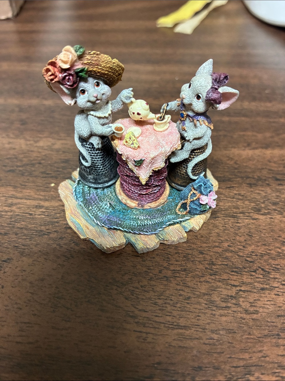 Decorative Gray and Pink Mouse Tea Time Figurine - Pets Small Pets